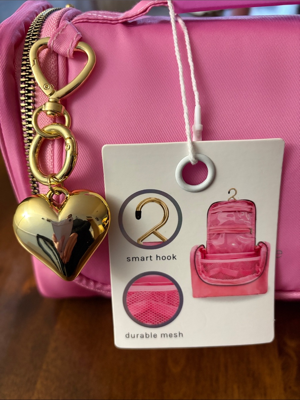 Kensie Hot Pink Hanging Toiletry Bag with Gold Detachable Heart Bag Charm NWT
